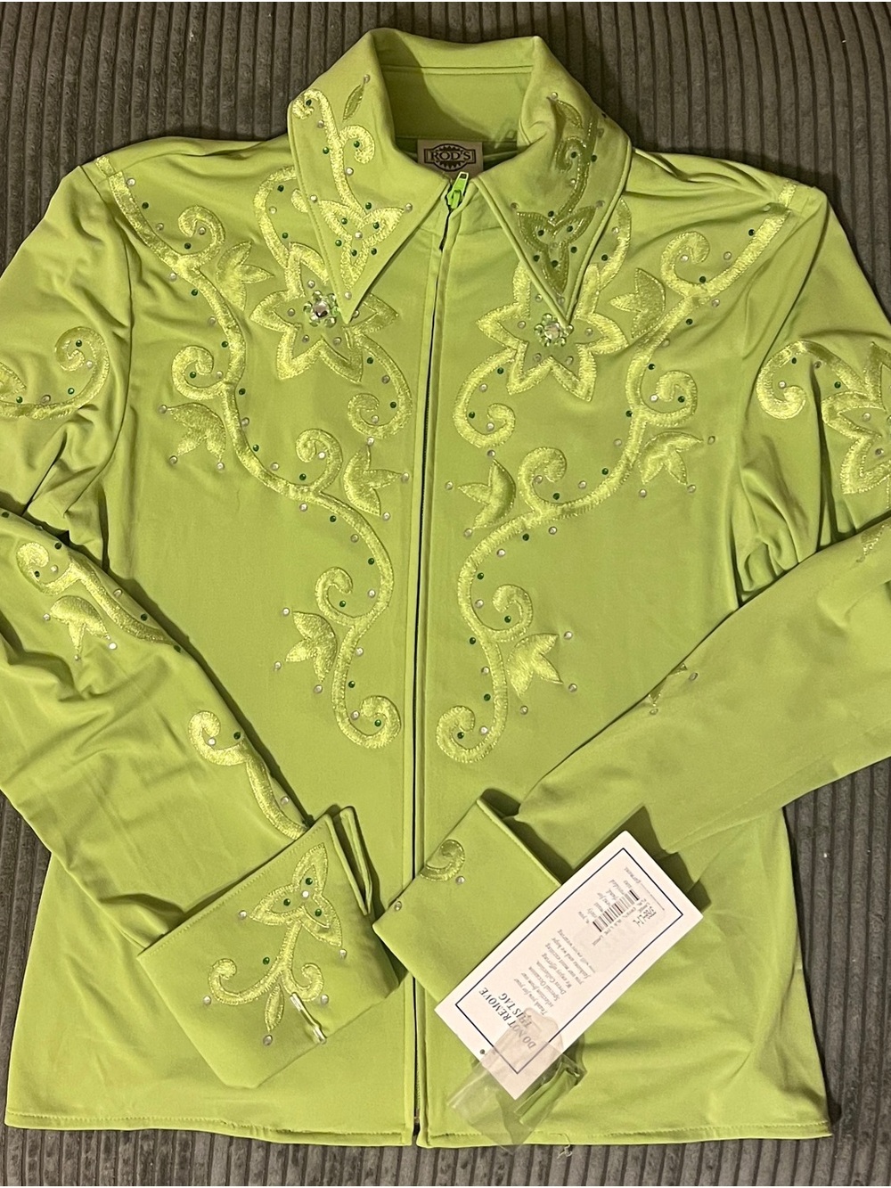 ROD'S Lime Green Zip Ranchwear Western Show Shirt w/ Rhinestone Embellishments